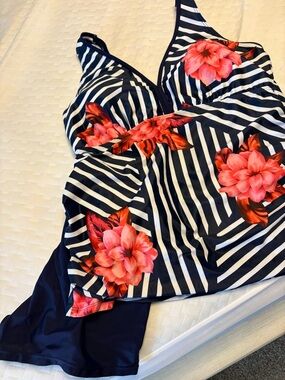 Amazon Navy White Striped Floral Tankini with Pink Red Flowers